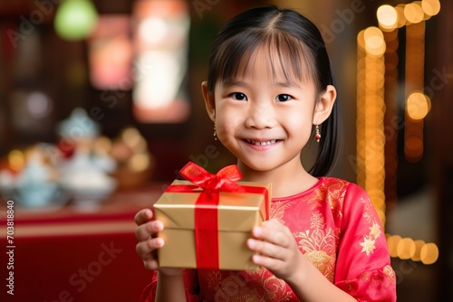 Little Asian girl smile and excited and holding red gift box. Child holding gift box in Chinese New year concept. Generative Ai