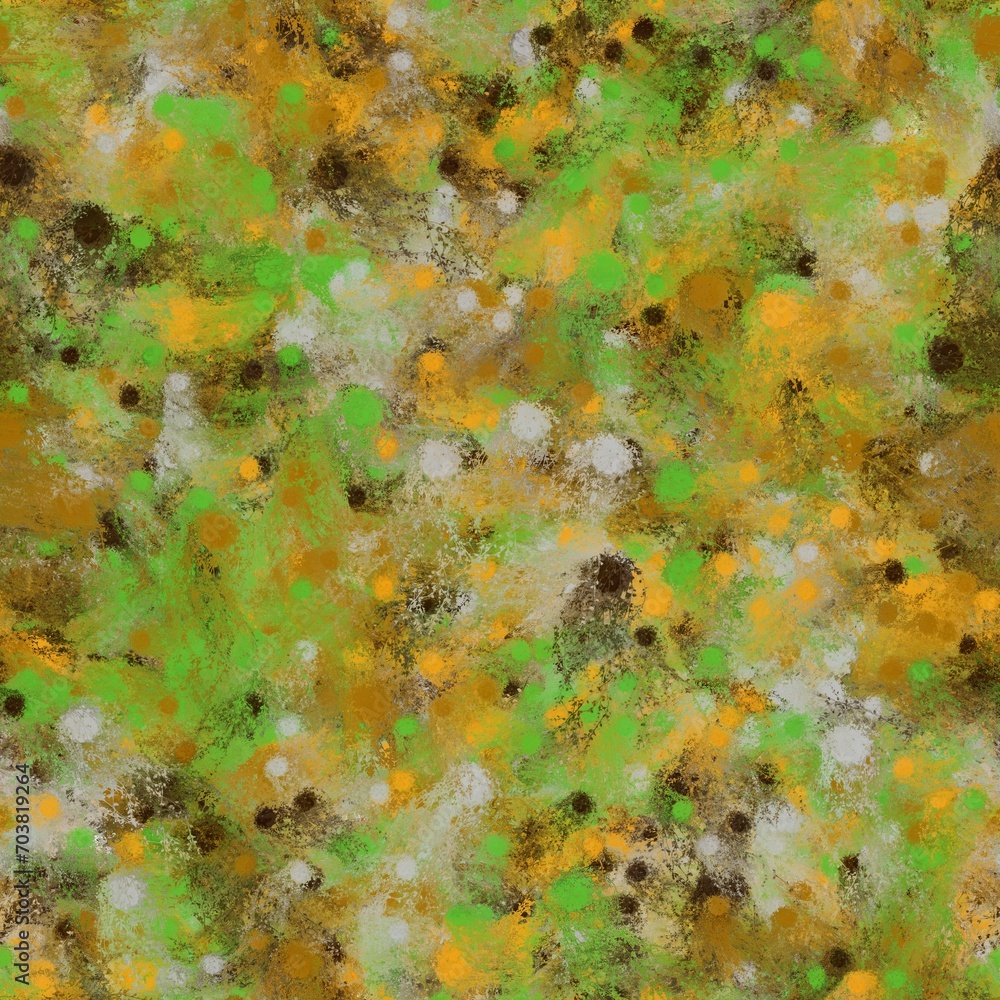 Abstract chaotic brush strokes. Small circles and abstract shapes. Seamless pattern. School bus yellow, avocado green, metallic bronze, yellowich brown and grey cloud colors Abstract chaotic brush strokes. Small circles and abstract shapes. Seamless pattern. School bus yellow, avocado green, metallic bronze, yellowich brown and grey cloud colors