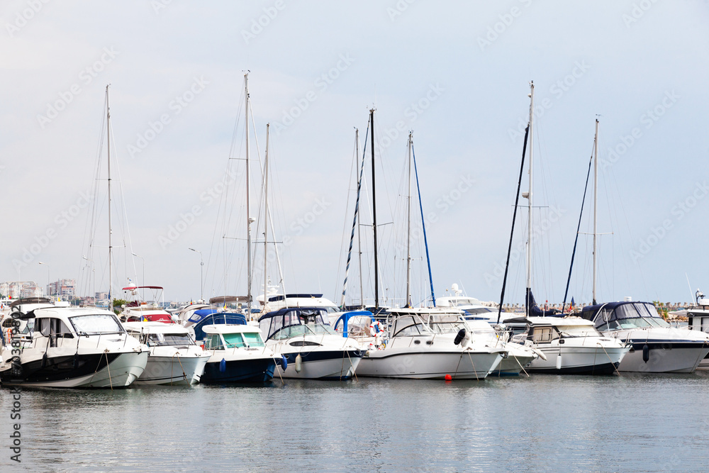 Yacht club with yachts at the pier in the city of Constanta, Romania.