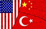USA, Turkey and China painted flags on a wall with a crack. Turkey, United States of America and China conflict