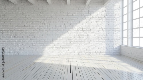 Empty white-colored room with a large brick wall  maple floor