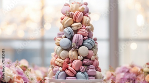 a scene highlighting the artistry of a Macaron Tower with a variety of pastel-colored macarons