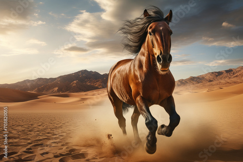 Running horse in the desert with sky view