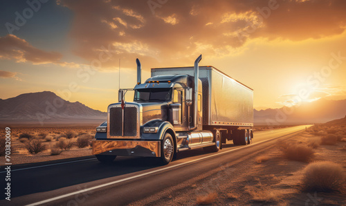 Sunset Haul, Trucking Cargo Across Horizon - Loaded trailer navigating the evening glow.