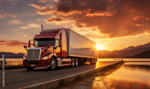 Sunset Haul, Trucking Cargo Across Horizon - Loaded trailer navigating the evening glow.