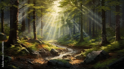 a scene highlighting the beauty of a forest clearing with vibrant patches of sunlight