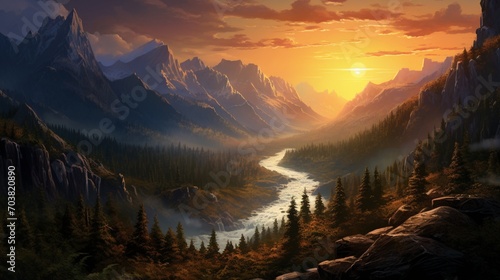 a scene highlighting the beauty of a valley illuminated by the golden hues of a sunset