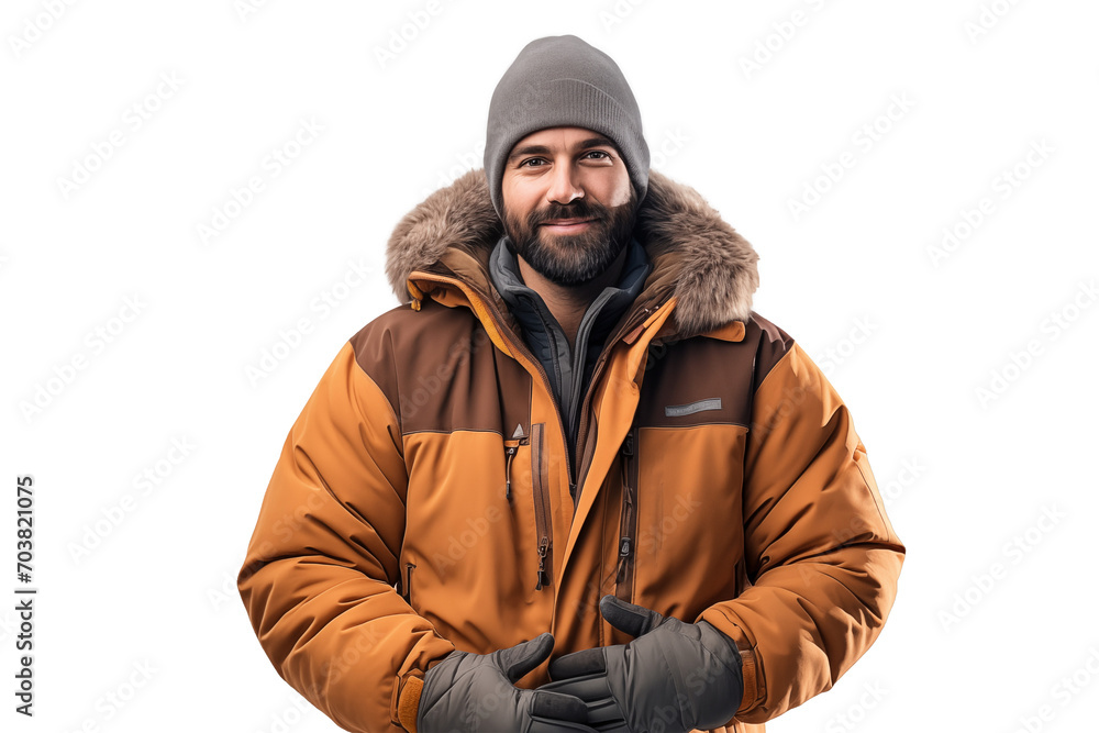 Man with beard in a orange winter jacket with beanie and winter gloves standing on a clipped PNG transparent background - obrazy, fototapety, plakaty 