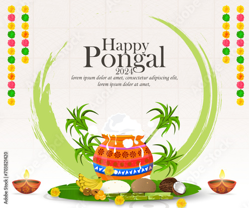 Happy Pongal Holiday background for harvesting festival of India. greeting card design template. vector illustration.