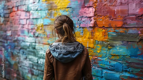 A girl stands near a multi-colored brick wall, close-up