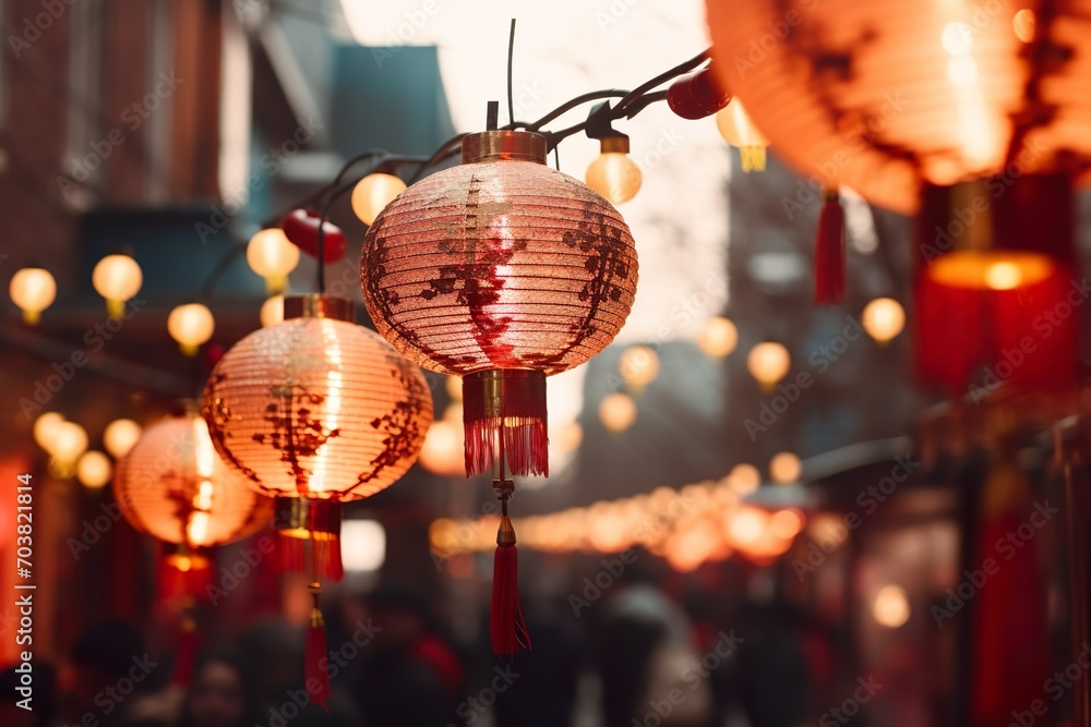 Fototapeta premium Multiple hanging red paper lantern as decoration for Chinese New Year celebration in the street. Generative Ai