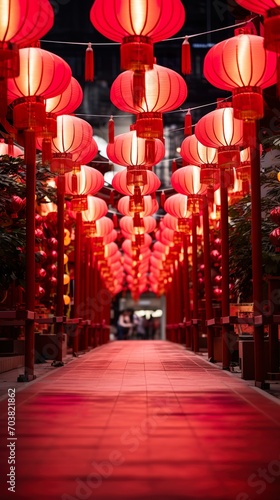 Wallpaper Mural Multiple hanging red paper lantern as decoration for Chinese New Year celebration in the street. Generative Ai Torontodigital.ca