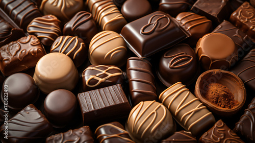 Closeup of many delicious chocolates. Assortment