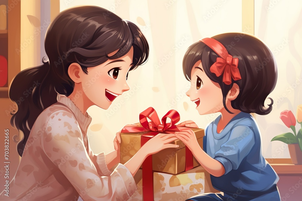 Happy Asian Girl Giving Her Mother gift box for Chinese New Year, clipart illustration. Generative Ai Happy Asian Girl Giving Her Mother gift box for Chinese New Year, clipart illustration. Generative Ai