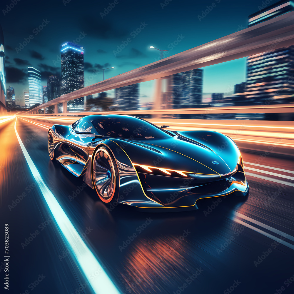 A futuristic car zooming on a neon-lit highway.