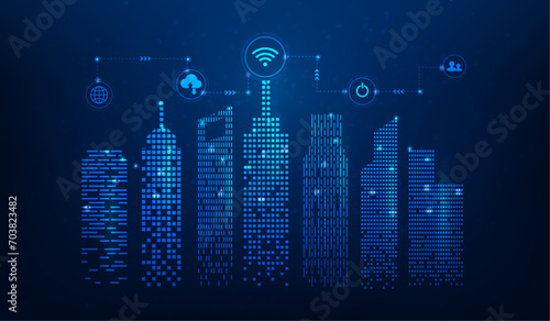 smart city technology digital network connection on blue background. internet of things technology in iot concept. vector illustration hi-tech design.