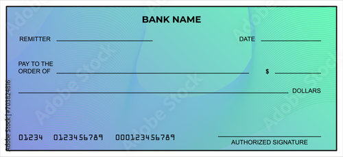 Vector of Blank Bank or Personal Check. Payment, Money, Cash, Currency, Cheque, Banknote
