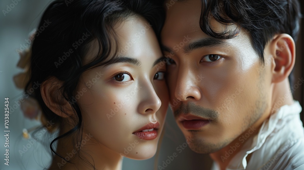 Korean couple, with the man exuding a cool and handsome demeanor, and the woman showcasing beauty and elegance Korean couple, with the man exuding a cool and handsome demeanor, and the woman showcasing beauty and elegance