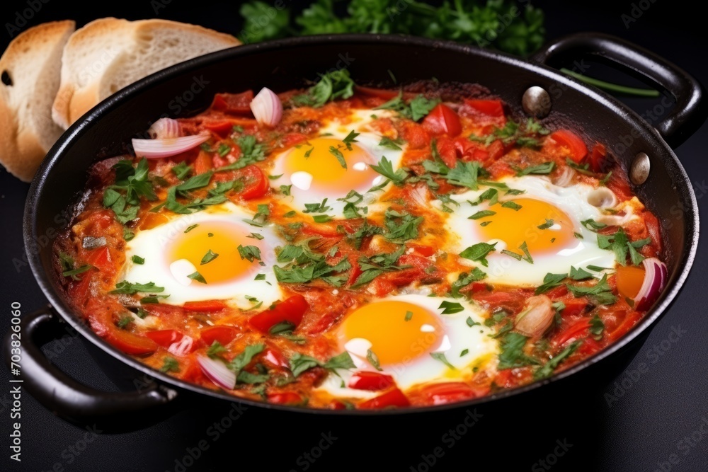 Homemade shakshuka fried eggs with onion, pepper, tomato and parsley in skillet on the black table Homemade shakshuka fried eggs with onion, pepper, tomato and parsley in skillet on the black table