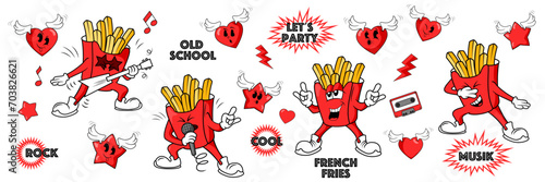 cartoon character  of French fries ,groovy retro food street , rock star French fries.