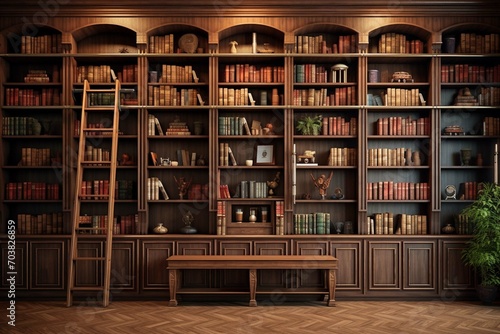 Library shelves with books, Pure solid wood full-wall bookshelf