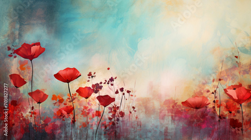 Poppy flowers abstract art. Floral watercolour background template with poppies. Generative AI #703827277
