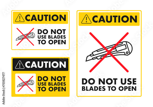 Safety warning signs vector illustration indicating not to use blades for opening packages, suitable for workplace safety and package handling instructions.