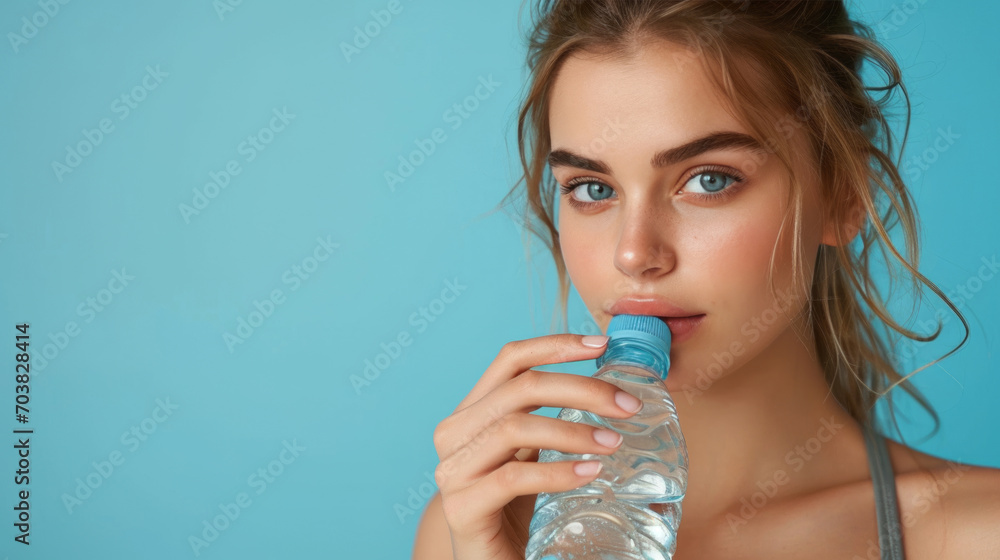 Fit and Refreshed: Woman taking a sip from a water bottle in fitness clothing on a blue background with space for text. Copy space. Active lifestyle and Wellness concept Fit and Refreshed: Woman taking a sip from a water bottle in fitness clothing on a blue background with space for text. Copy space. Active lifestyle and Wellness concept