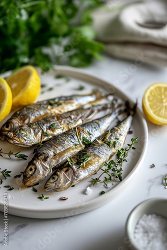 Fototapeta Naklejka Na Ścianę i Meble -  Sardines, lemon, greenery and salt on white plate on marble kitchen table. Mediterranean cuisine