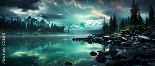 Mystical mountain lake landscape with aurora borealis and stars reflecting in the water