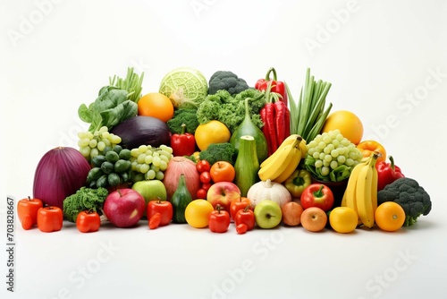 Set of different fruits and vegetables on white background: