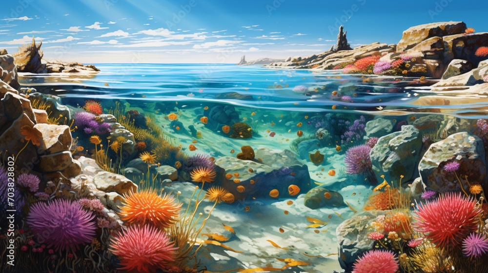 a scene highlighting the beauty of a vibrant tide pool teeming with marine creatures - obrazy, fototapety, plakaty 