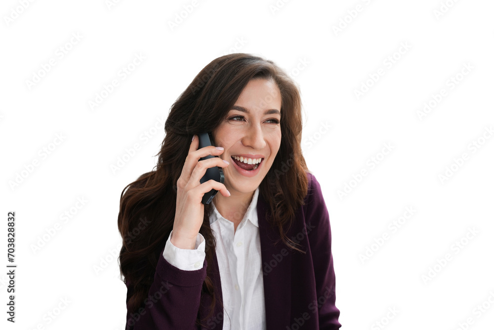 Laughing businesswoman in violet suit and white shirt talking by phone against transparent background toothy smiling, happy to get great news. Successful entrepreneur. Finance and business. Laughing businesswoman in violet suit and white shirt talking by phone against transparent background toothy smiling, happy to get great news. Successful entrepreneur. Finance and business.