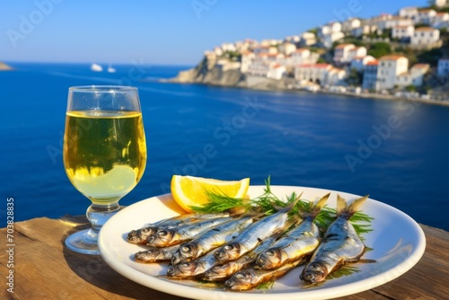 Fototapeta Naklejka Na Ścianę i Meble -  Grilled Sardines served in the restaurant at outdoor terrace with lemons and glass of white wine