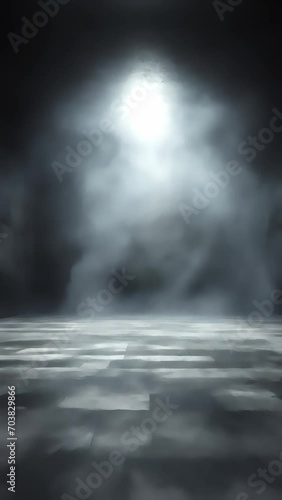 dark room concrete floor with cinematic spotlight and smoke photo