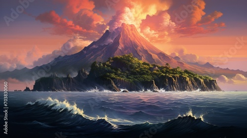 a scene highlighting the beauty of a volcanic island rising majestically from the ocean