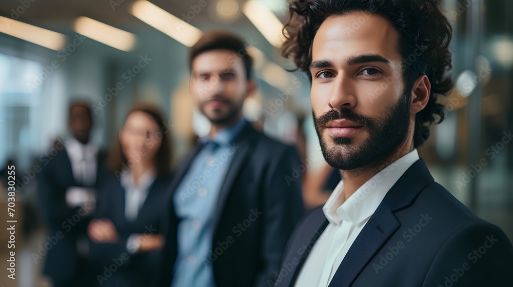A professional business leader stands at the forefront, exuding confidence and pride, with a diverse and motivated team of colleagues in the background, symbolizing successful leadership. A professional business leader stands at the forefront, exuding confidence and pride, with a diverse and motivated team of colleagues in the background, symbolizing successful leadership.