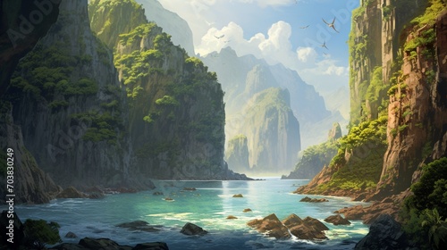 a scene highlighting the beauty of an island with dramatic sea cliffs and hidden caves