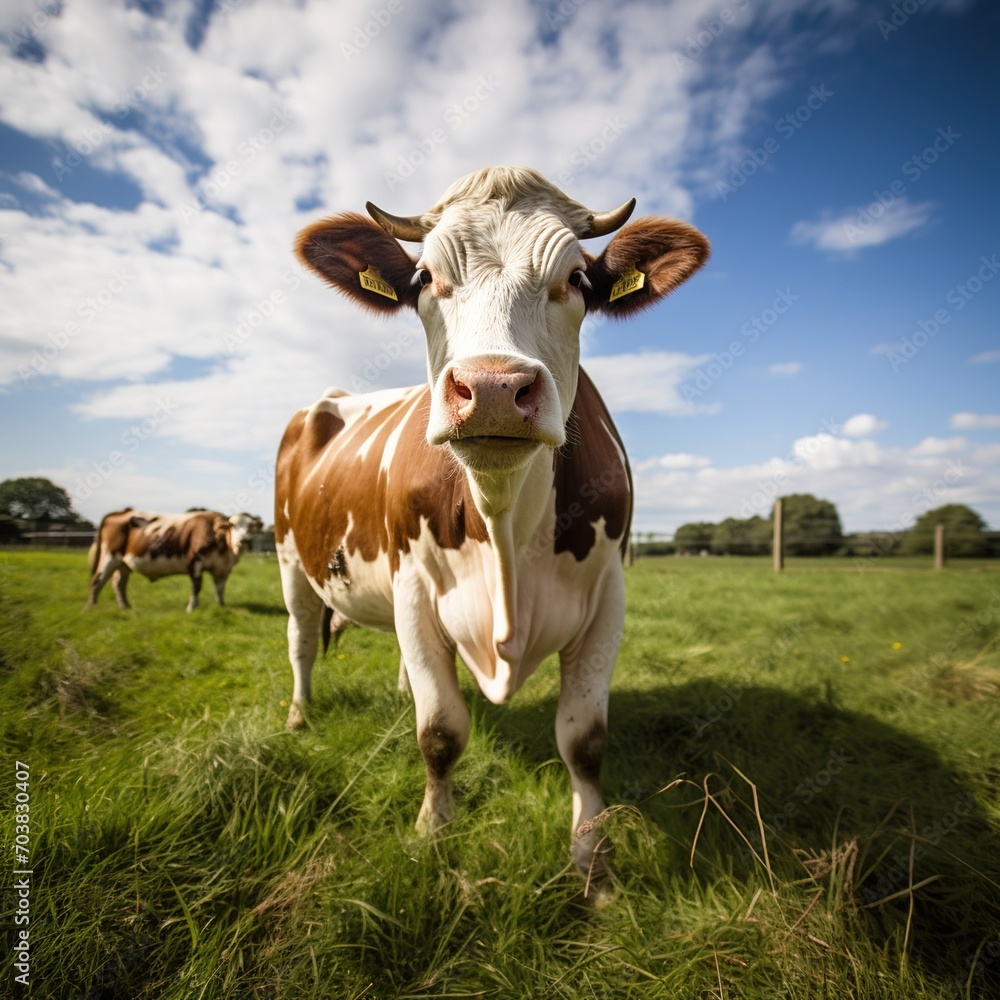 curious cow looking at camera in green field