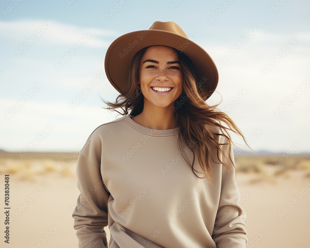 Smiling woman wearing a brown hat in the desert