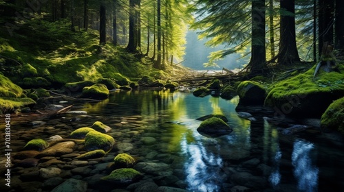 a scene highlighting the beauty of a serene forest reflected in a crystal-clear stream © Muhammad