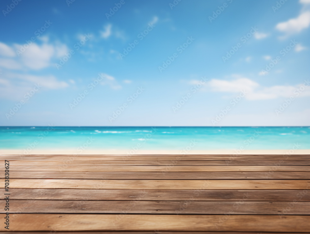 Wooden dock over blurred tropical beach and ocean