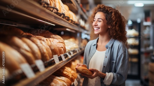 Happy woman choosing bread in a bakery