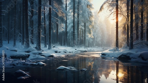 a scene highlighting the beauty of a snow-covered pine forest glistening in the sunlight