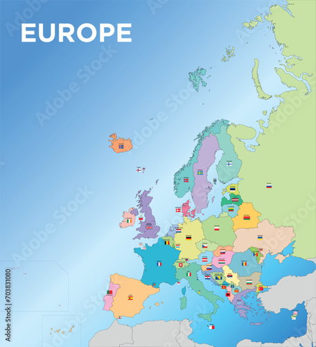Europe map with the territorial division of the states with names and flags of the nations, vector illustration photo