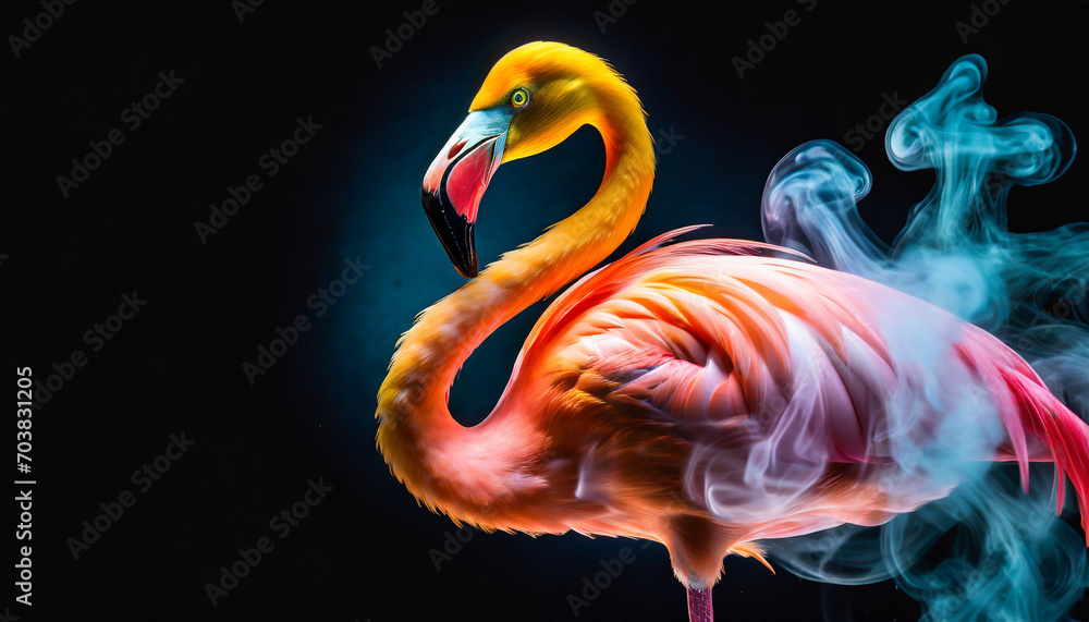 A flamingo made of colorful smoke