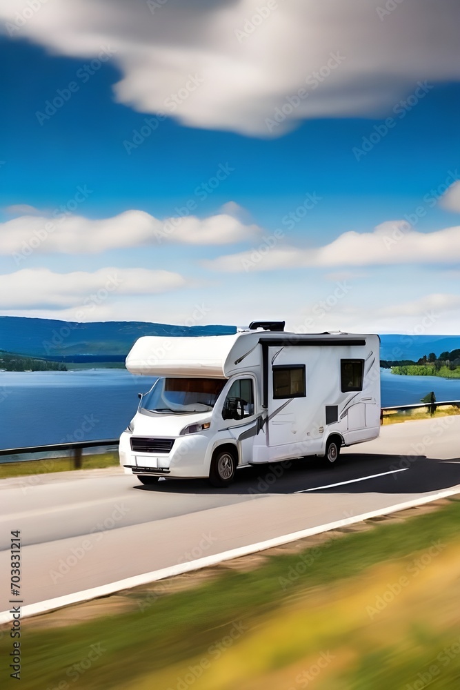 Camper van on a road on a winding mountain road in winter. outdoor nature vacation concept. Picturesque park. Travel on epic road trip through mountains. Nomadic vanlife lifestyle. Life on the road Camper van on a road on a winding mountain road in winter. outdoor nature vacation concept. Picturesque park. Travel on epic road trip through mountains. Nomadic vanlife lifestyle. Life on the road