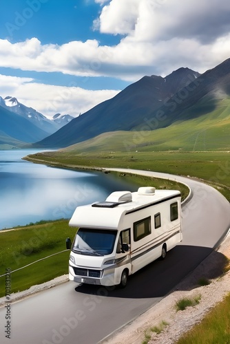 Camper van on a road on a winding mountain road in winter. outdoor nature vacation concept. Picturesque park. Travel on epic road trip through mountains. Nomadic vanlife lifestyle. Life on the road