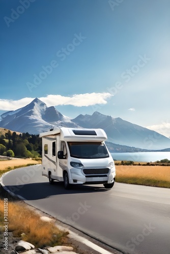 Camper van on a road on a winding mountain road in winter. outdoor nature vacation concept. Picturesque park. Travel on epic road trip through mountains. Nomadic vanlife lifestyle. Life on the road