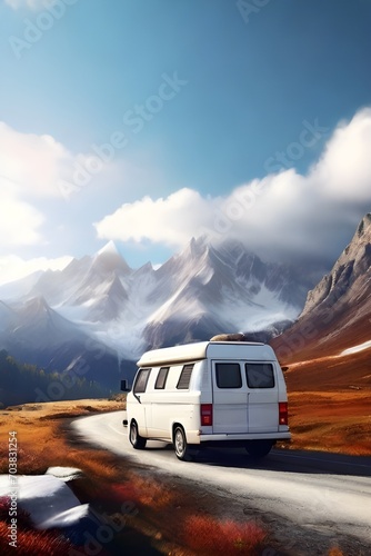 Camper van on a road on a winding mountain road in winter. outdoor nature vacation concept. Picturesque park. Travel on epic road trip through mountains. Nomadic vanlife lifestyle. Life on the road